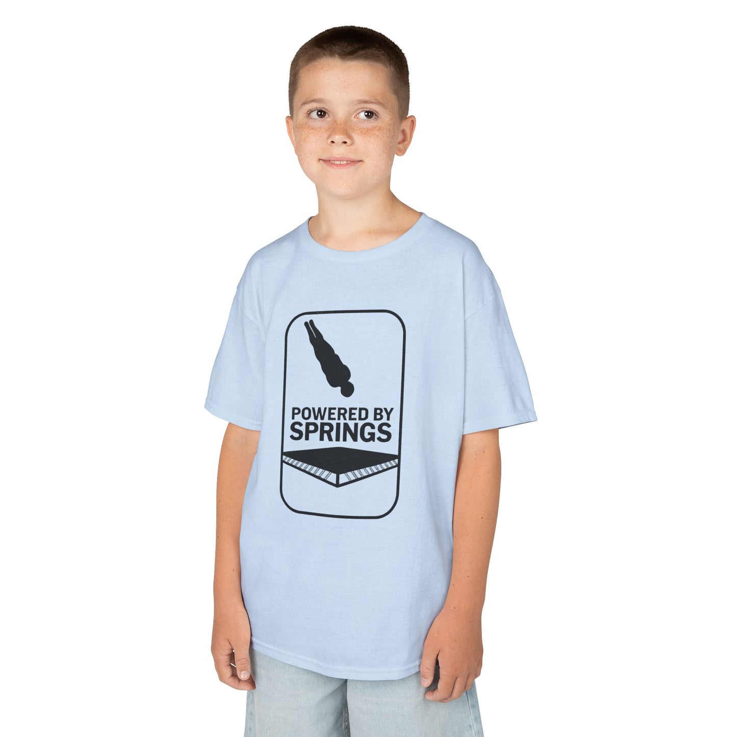 Powered by springs Kids Tee - Fun Trampoline Cotton Shirt for Boys and Girls.