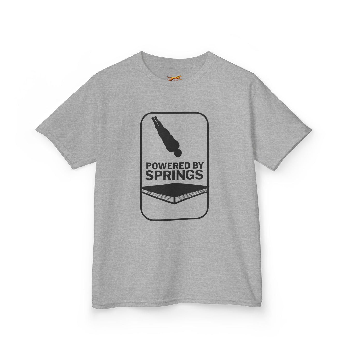 Powered by springs Kids Tee - Fun Trampoline Cotton Shirt for Boys and Girls.