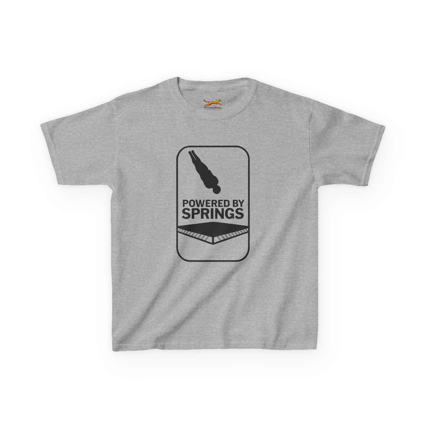 Powered by springs Kids Tee - Fun Trampoline Cotton Shirt for Boys and Girls.