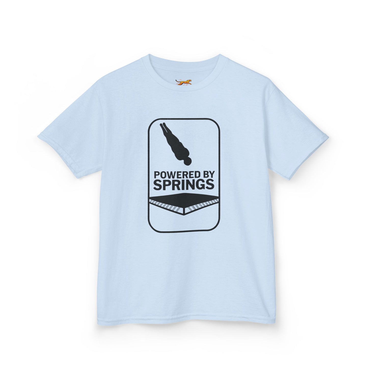 Powered by springs Kids Tee - Fun Trampoline Cotton Shirt for Boys and Girls.