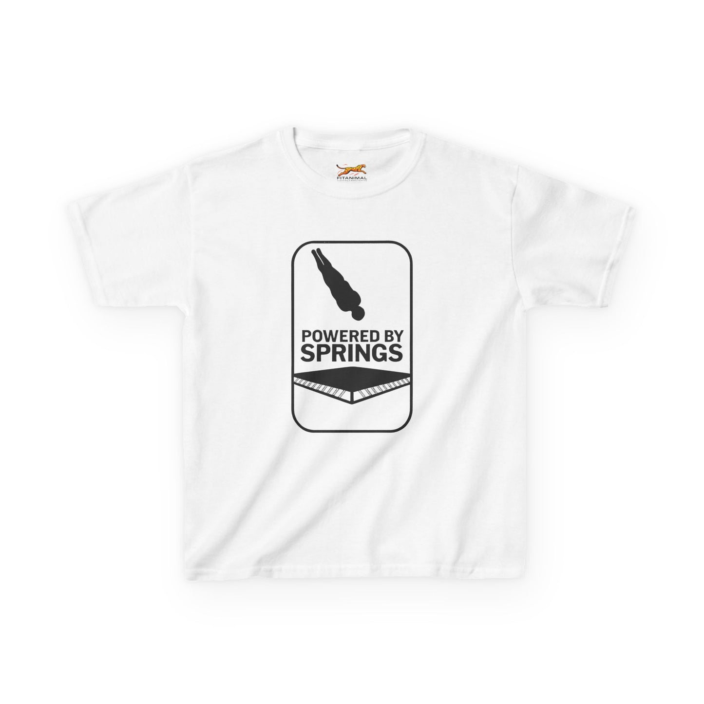 Powered by springs Kids Tee - Fun Trampoline Cotton Shirt for Boys and Girls.
