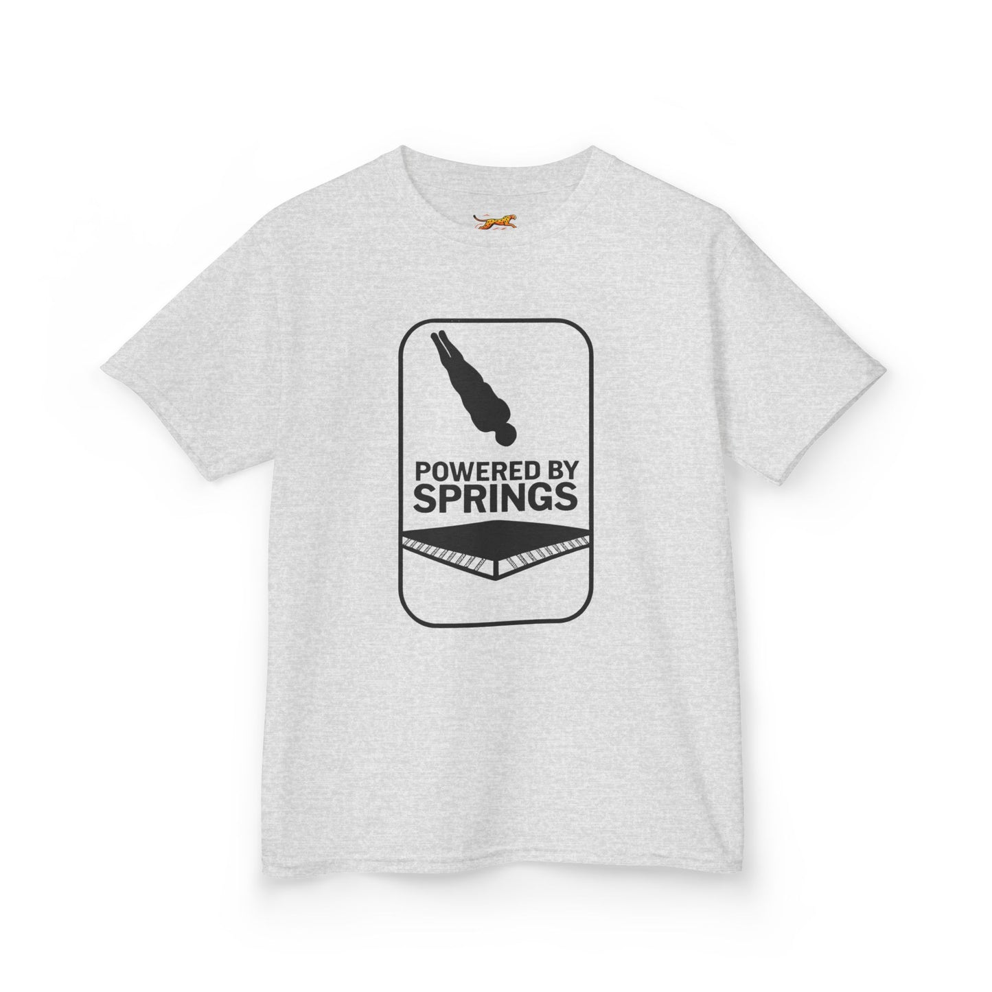 Powered by springs Kids Tee - Fun Trampoline Cotton Shirt for Boys and Girls.