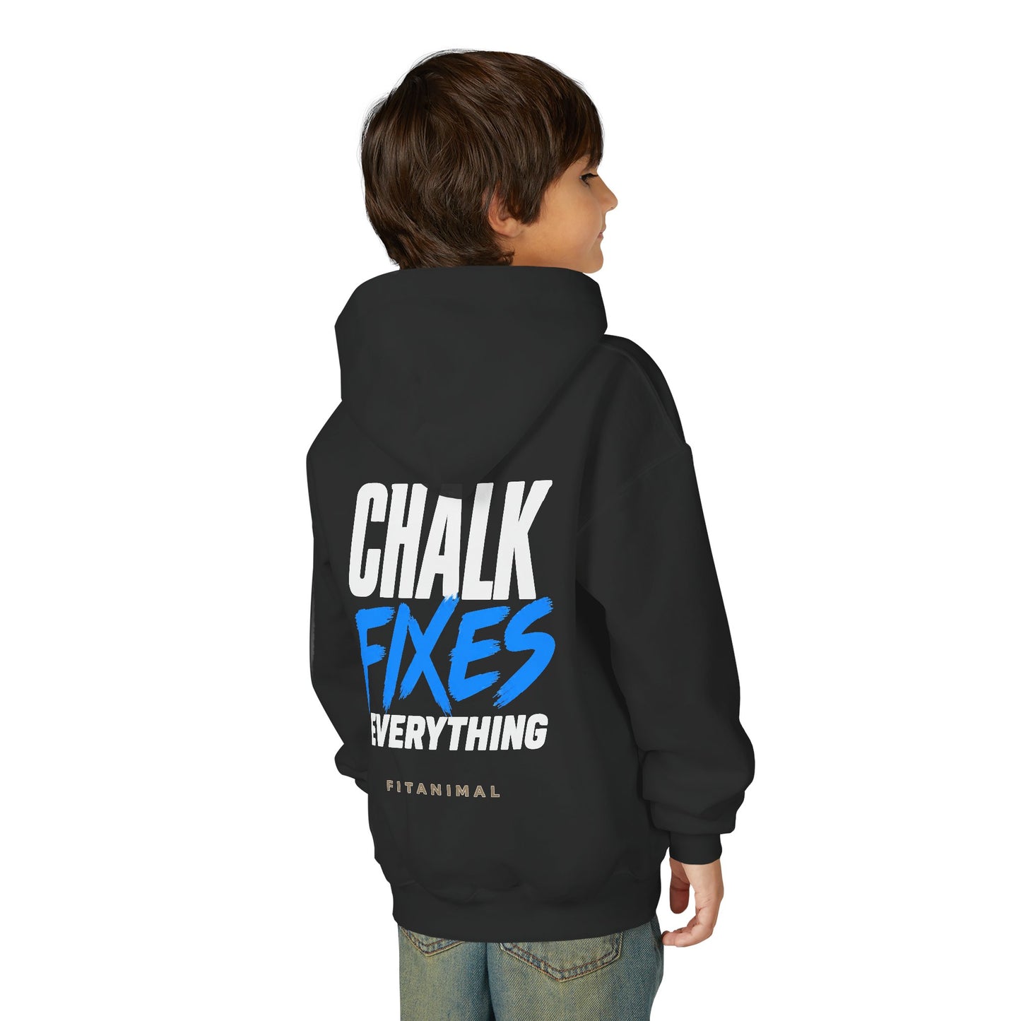 Youth Hoodie — "Chalk Fixes Everything" Rock Climbing, Gymnastics Hoodie